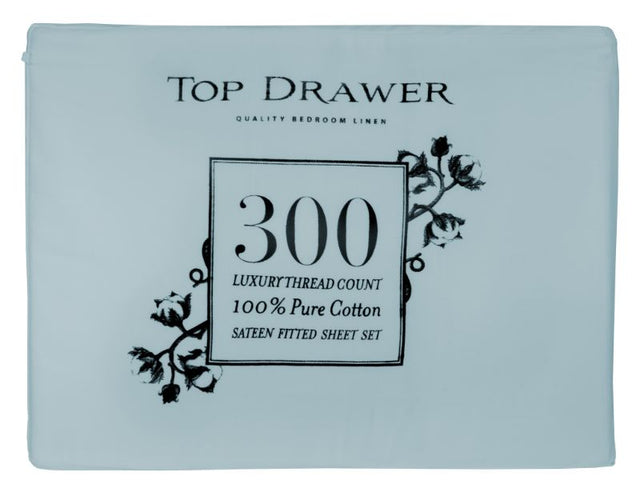 Californian King sheet set in light blue, made from 100% cotton, featuring 300TC sateen for softness and durability.