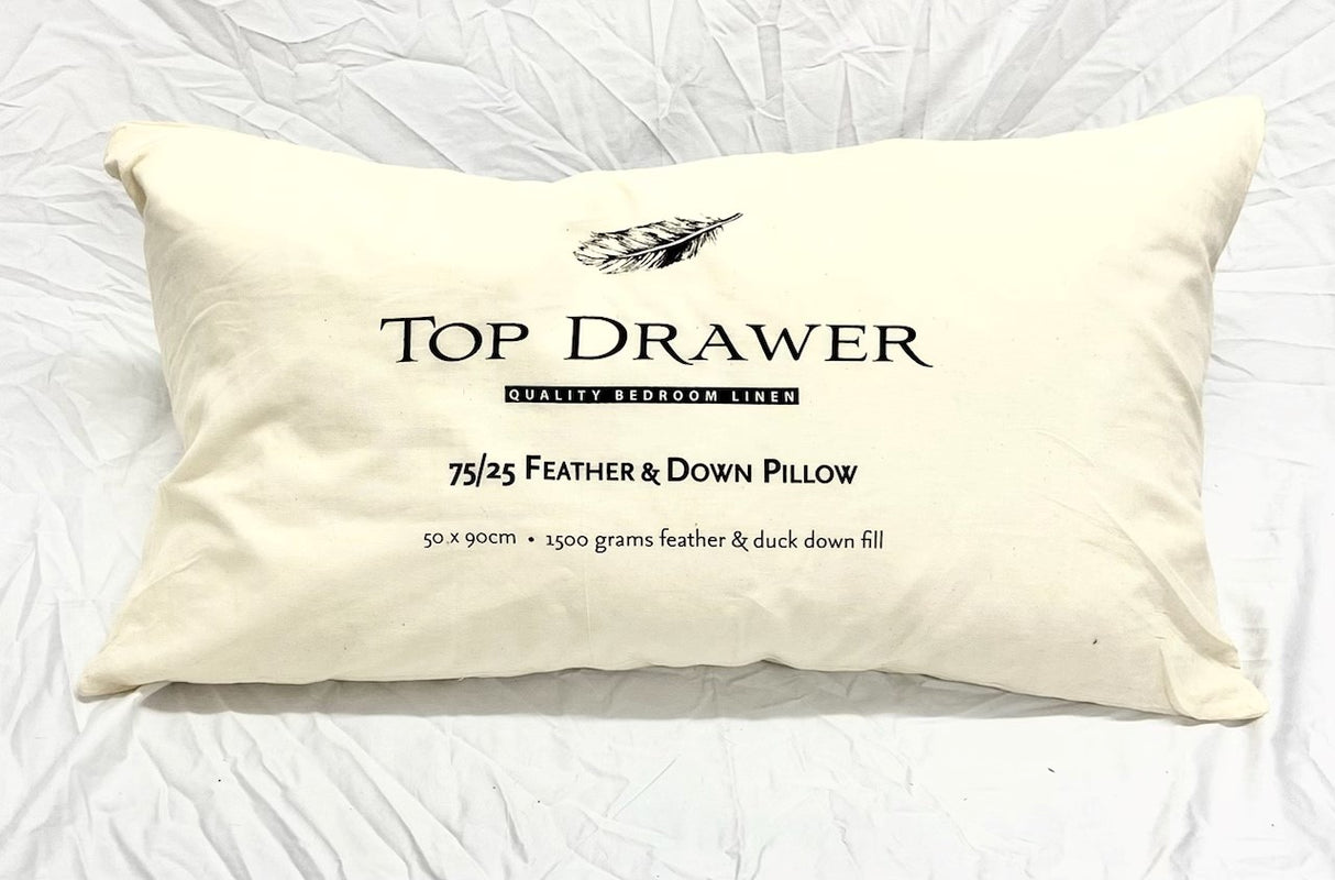 Luxurious Feather & Down Pillow with 75% down and 25% feathers for ultimate comfort and support, 50x90cm size.