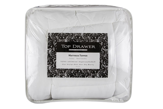 King Single Microfibre Mattress Topper with 800GSM fill, quilted top, and 40cm fitted skirt for enhanced comfort and snug fit.