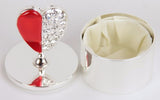 Elegant red trinket box featuring a heart enamel design and sparkling crystal heart on a silver-plated base.
