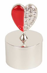 Red crystal heart trinket box with enamel design on silver-plated base, perfect for keepsakes or as a romantic gift.