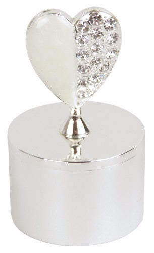 Exquisite crystal heart trinket box with heart enamel design on a silver-plated base, perfect for storing small treasures.