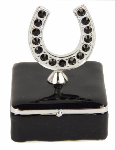Elegant square trinket box with a horseshoe design, crystal heart, and black enamel finish, perfect for storing keepsakes.