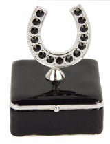 Elegant square trinket box with a horseshoe design, crystal heart, and black enamel finish, perfect for storing keepsakes.