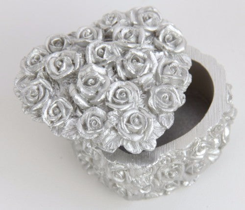 Silver Rose Heart Box Set of 4, 6.5 x 6 x 4 cm, elegant storage for jewelry, gifts, or home decor.