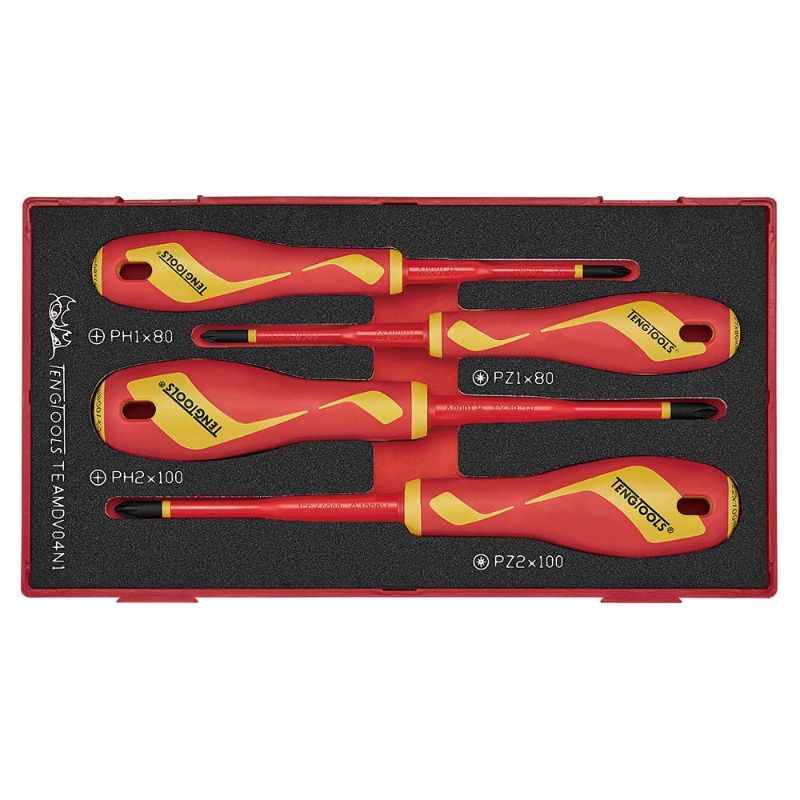 Ergonomic Teng 4pc Insulated Screwdriver Set, ideal for electrical work, includes precision tips for safe, effective use.