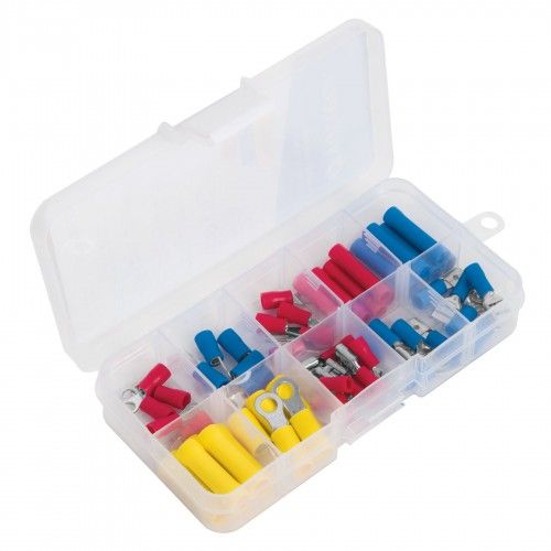 Assorted 55-piece electrical crimp on terminals in vibrant colors, organized in a clear case for easy access and usage.