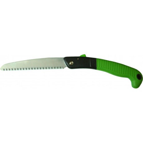 Lightweight folding pruning saw with an 18cm blade, ergonomic grip, and durable chrome-plated teeth for precise cuts.