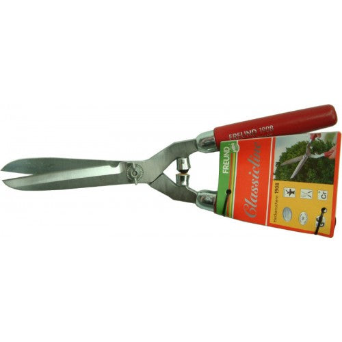 Hedge shear with 16cm forged chromed straight blade, ergonomic red handles, and shock absorber for comfort and precision cutting.