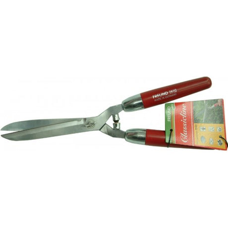 Hedge Shear Freund 1910 features a 20cm self-sharpening blade, ergonomic red handles, and shock absorber for comfortable trimming.