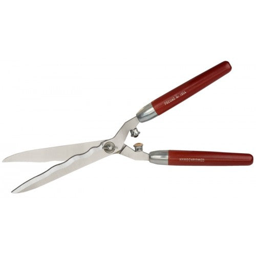 Hedge shear with 24cm wavy blades, red handles, and shock absorber, designed for precise trimming and durability.