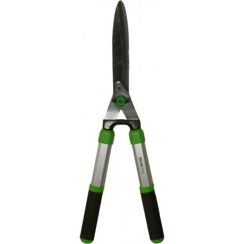 Lightweight Hedge Shear Freund 5380a with wavy blades, alloy handles, and shock absorber for comfortable trimming of hedges.