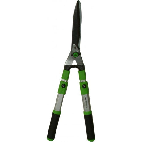 Hedge shear with wavy blades, telescopic handles; lightweight, durable, and designed for easy trimming of hedges and shrubs.