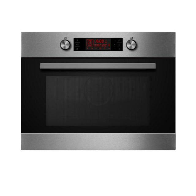 Midea 44L combination oven with microwave, stainless steel, LED display, 11 smart functions, and child safety lock for versatile cooking.