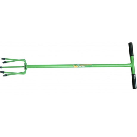 Cultivators Freund Twist Tiller 5-prong tool featuring durable steel construction and comfortable plastic-covered handle for easy gardening.