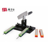 Diamond sharpening jig with adjustable angles & four grit levels, designed for precise blade sharpening and safe storage.