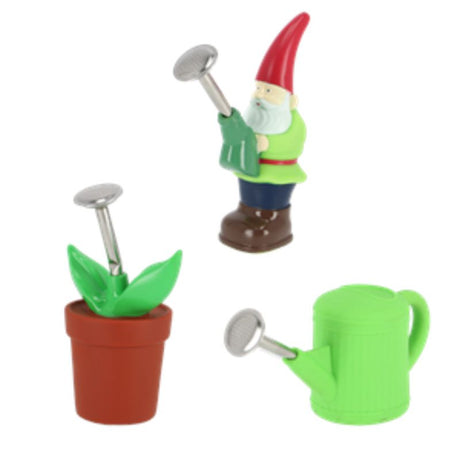 Colorful set of 6 squeeze sprinklers in Gnome, Flower Pot, and Watering Can designs, ideal for fun gardening activities.