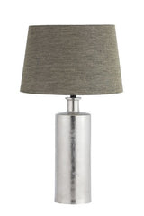 Contemporary table lamp featuring a nickel base and soft South linen shade, providing warm, inviting illumination for any space.