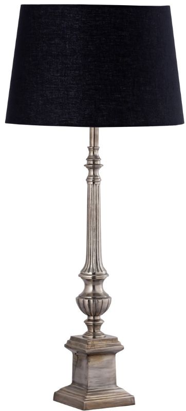 Elegant silver antique table lamp with black cotton shade, providing soft illumination for any living space.