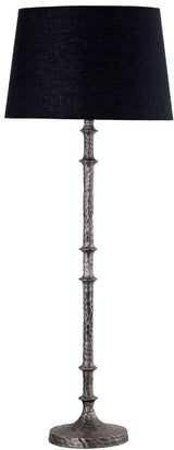 Elegant table lamp featuring a silver antique base and black cotton shade, perfect for soft illumination in any room.