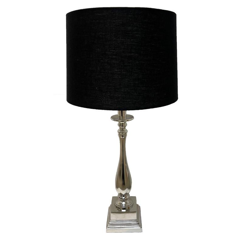 Stylish Aluminium/Nickel Finish Table Lamp with a black linen shade, perfect for modern home decor and versatile lighting.