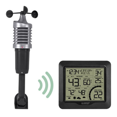 Indoor-outdoor digital weather station displaying temperature, humidity, and wind speed for accurate weather monitoring.