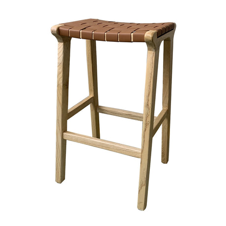 Stylish London Natural Barstool in natural elm with faux leather upholstery, perfect for dining and bar areas.