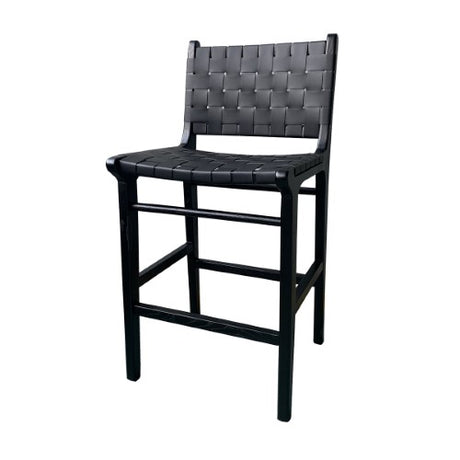 Black high back barstool with natural elm wood frame and faux leather upholstery, elevating dining spaces with elegance.