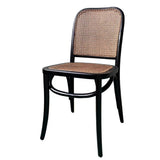 Stylish black dining chair with natural rattan backrest and solid elm frame, perfect for versatile dining environments.