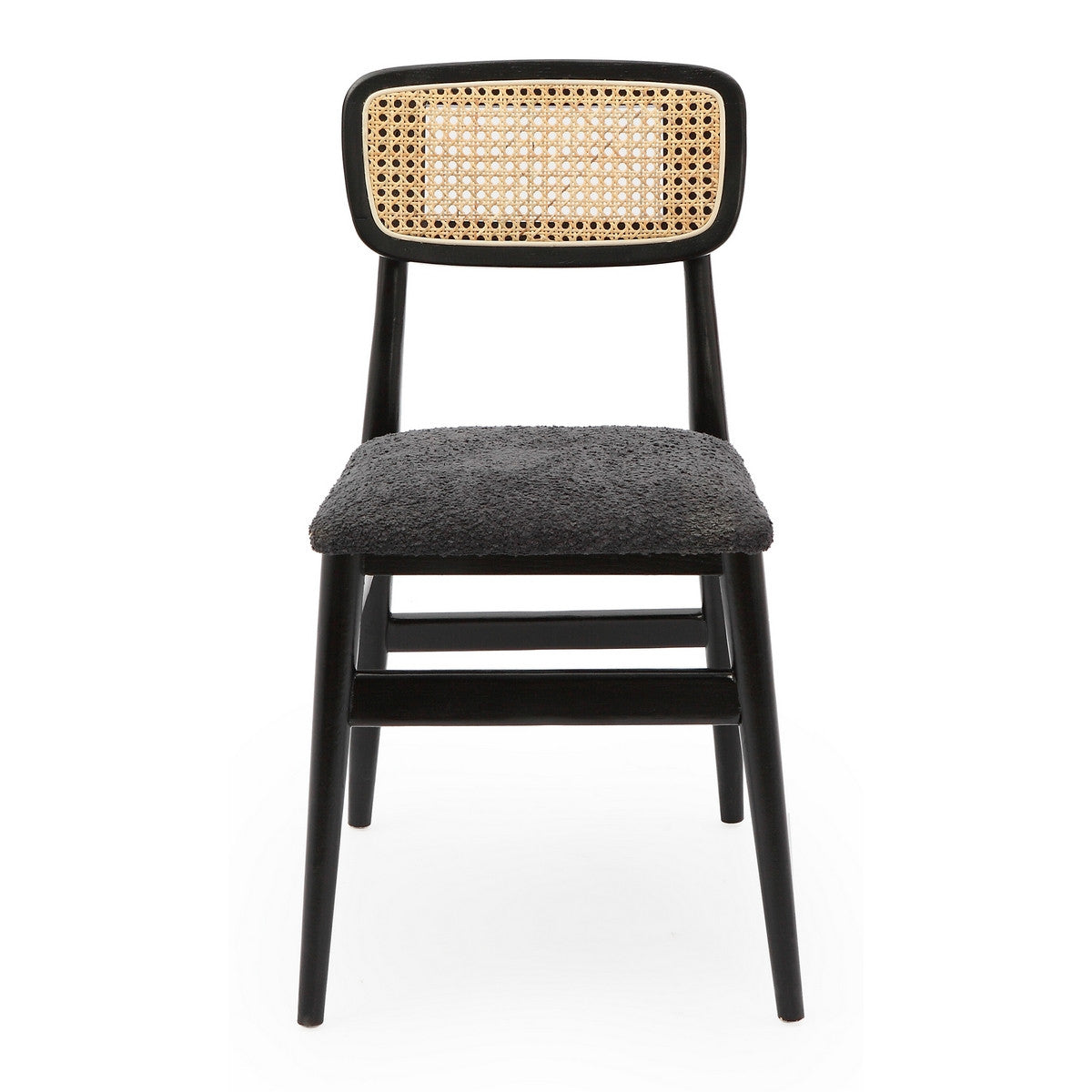 Modern black dining chair with soft boucle upholstery and rattan back, featuring a sturdy elm frame for durability.