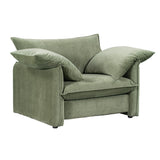 Sage green Fernsby Lux armchair with plush foam fill and feather pillow, blending style and comfort for any living space.