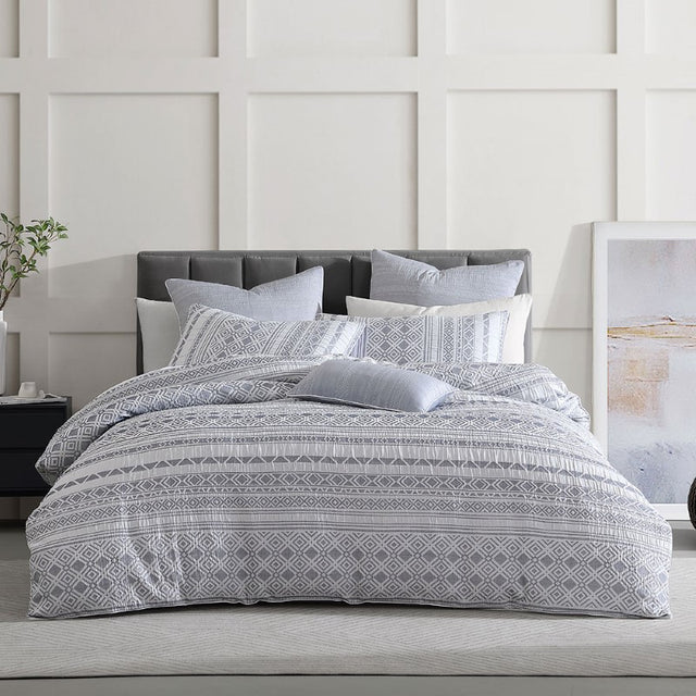 Luxurious Super King Duvet Cover Set in Thiago Slate with geometric patterns and Moroccan motifs, includes two pillowcases.