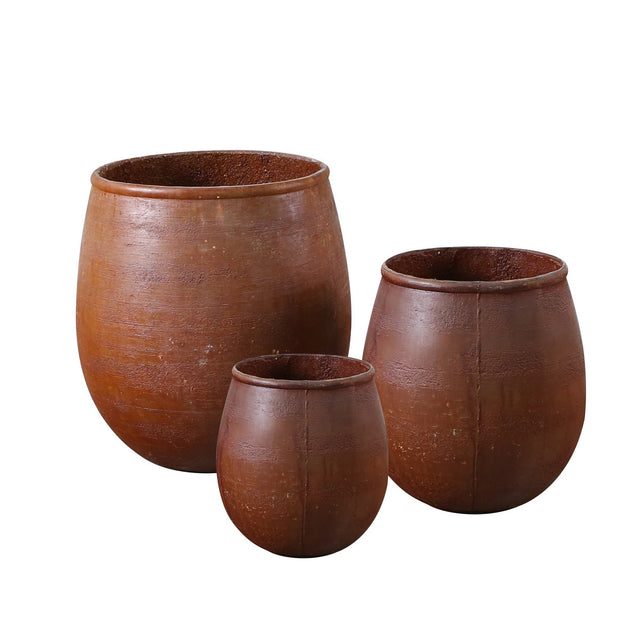 Set of 3 rustic terracotta round planters in Pompeii style, ideal for enhancing gardens and patios with elegant charm.