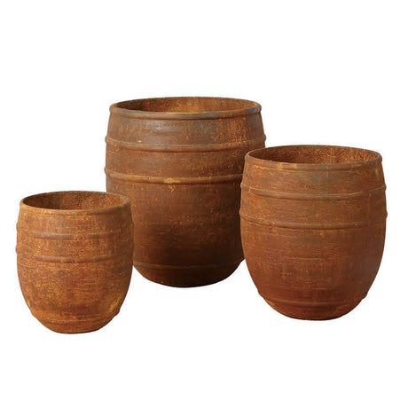 Set of 3 Athens Rusty Terracotta round pots, featuring a rustic design, durable fiber cement, and ideal for outdoor plants.