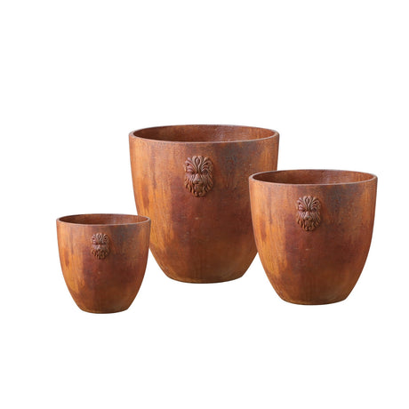 Set of 3 Julius Rusty Terracotta Round Pots, durable fiber cement with rustic charm, ideal for vibrant plants and decor.