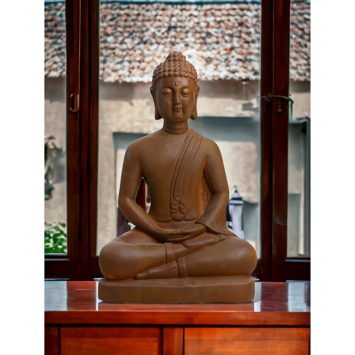 Sitting Buddha ornament made of rustic terracotta, 49cm tall, radiating tranquility for garden or indoor decor.