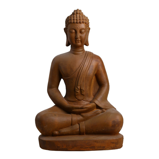 Sitting Buddha statue in rusty terracotta, 75 cm tall, perfect for indoor or outdoor decor, symbolizing peace and tranquility.