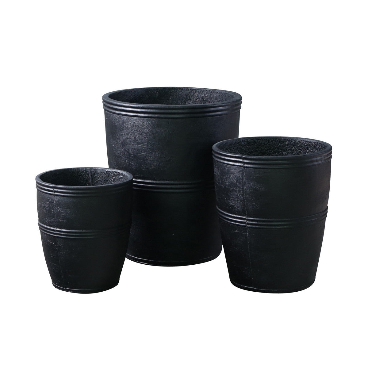 Stylish set of three Apollo Black round planters made from durable fiber cement, perfect for enhancing outdoor spaces.