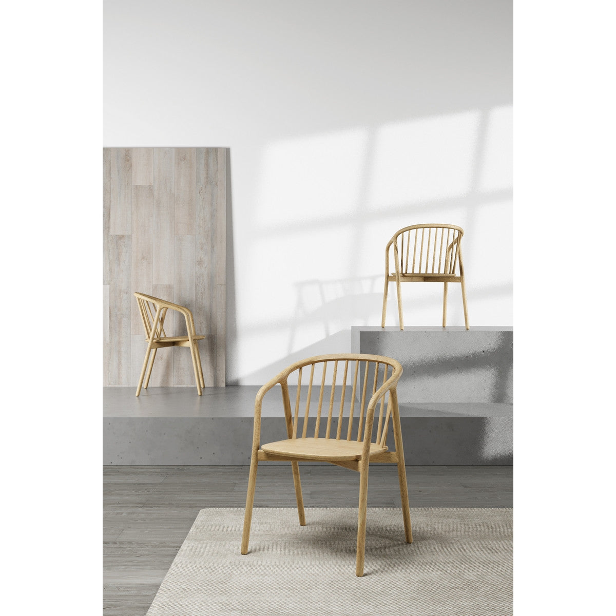 Elegant Nordic dining chair with arms in natural rubberwood, showcasing clean lines and durable craftsmanship.