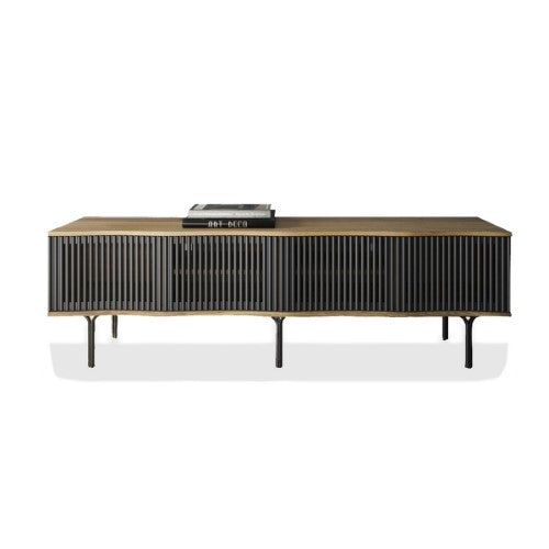 Stylish 1.8m media unit in natural and black oak, featuring clean lines and ample storage for a modern living space.