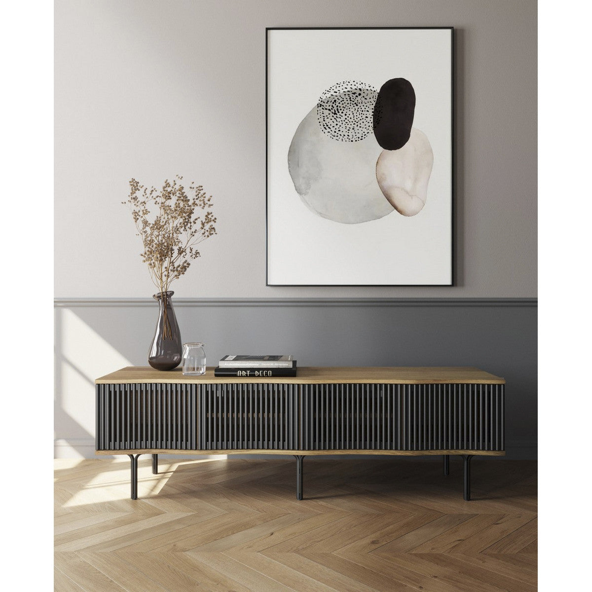 Stylish 1.8m MEDIA UNIT - ECLIPSE in Natural/Black, blending Scandinavian design with ample storage and solid oak craftsmanship.