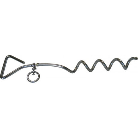 Steel spiral stake for dogs, featuring a swivel screw for tangle-free movement while ensuring safety outdoors.