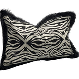 Elegant black and white hand-embroidered cushion cover with fringe, perfect for stylish home decor enhancement.