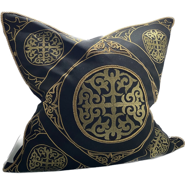 Hand-embroidered black and gold cushion cover from the Sanctuary collection, measuring 550x550 mm, adding elegance to decor.