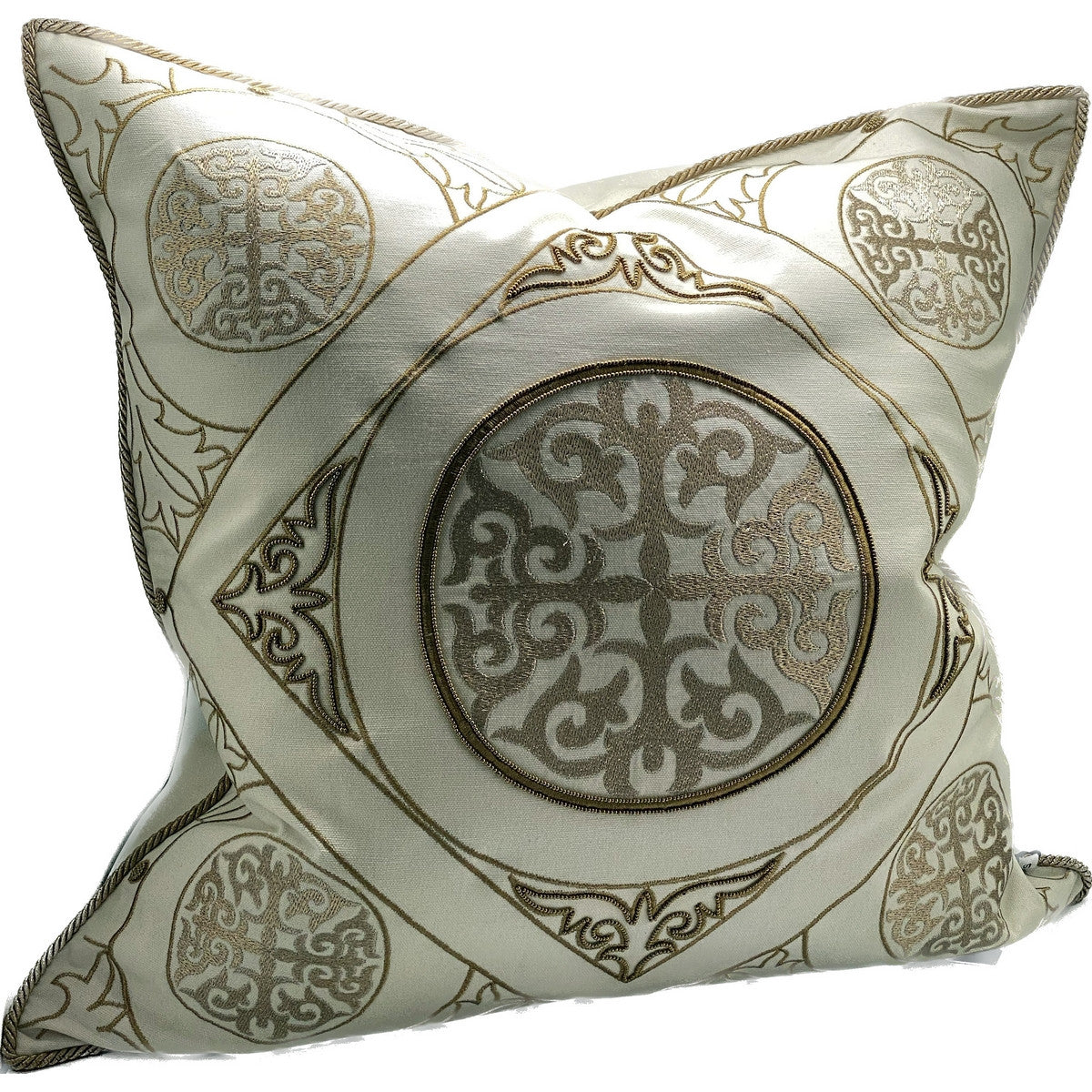 Elegant white and gold hand-embroidered cushion cover, perfect for enhancing any home decor with luxury and sophistication.