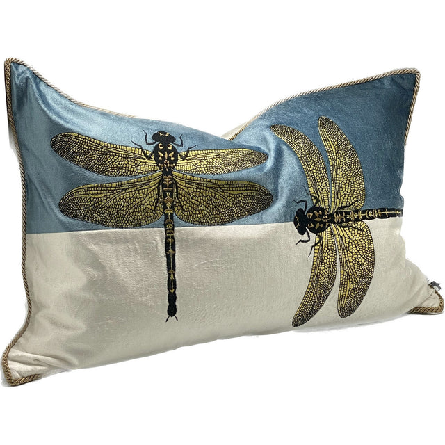 Hand-embroidered cushion cover in blue, white, and gold, adding elegance and comfort to any living space.