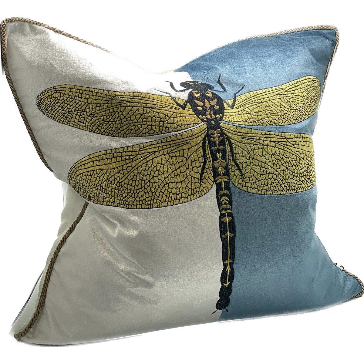 Elegant blue, white, and gold hand-embroidered cushion cover, perfect accent for sofas or beds, 550x550 mm size.