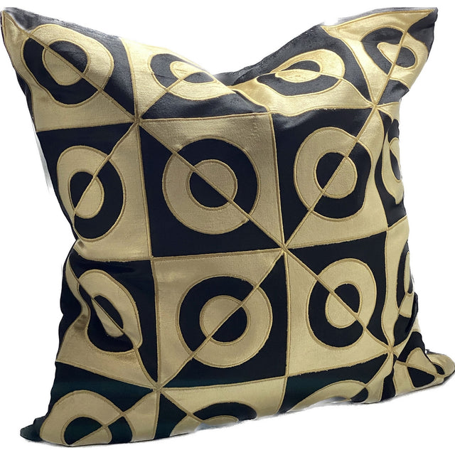 Gold and black hand-embroidered cushion cover, 550x550, adding elegance and sophistication to home decor.