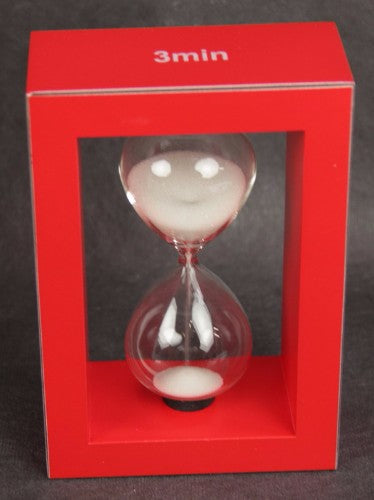 Elegant 3-minute white sand timer in a sleek MDF frame, perfect for decor and timing activities.