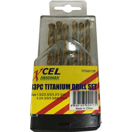 13-piece Titanium Xcel drill set in a plastic case, featuring durable titanium bits for enhanced performance and longevity.